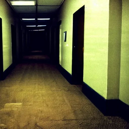 Image similar to flash low quality photograph of the backrooms, mustard - yellow old moldy moist carpet room, empty liminal space, very dark shadows, broken fluorescent lighting, horror movie scene, film grain