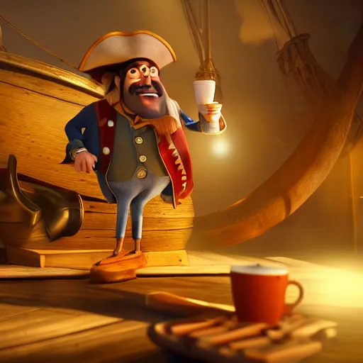 Prompt: a great pirate on his ship holding a cup of coffee. pixar style animation 3 d extremely gloomy lighting, shining light and shadow, atmospheric, cinematic, unreal engine, 8 k