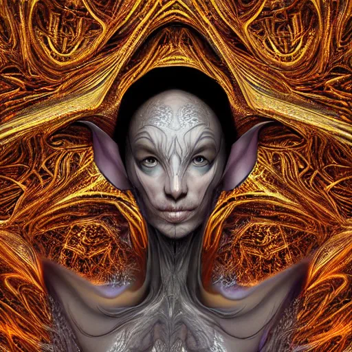 Prompt: dmt elf portrait by zaha hadid, iris van herpen and rick owens. highly detailed, hyper - real, very beautiful, intricate fractal details, very complex, opulent, epic, mysterious, polished, futuristic design, trending on deviantart and artstation