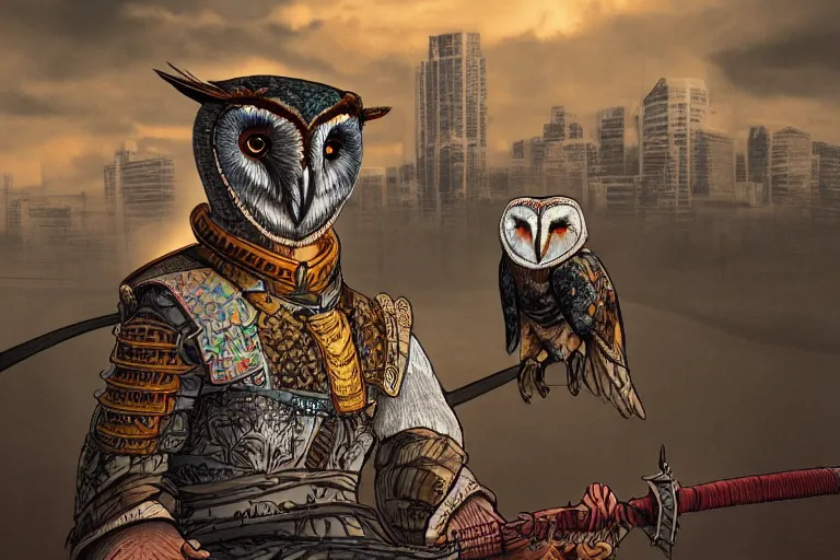 Prompt: a full body shot of a Barn owl samurai by Brahm Revel,colored by Ronda Pattison,city in the background,dark colors,detailed,artstation