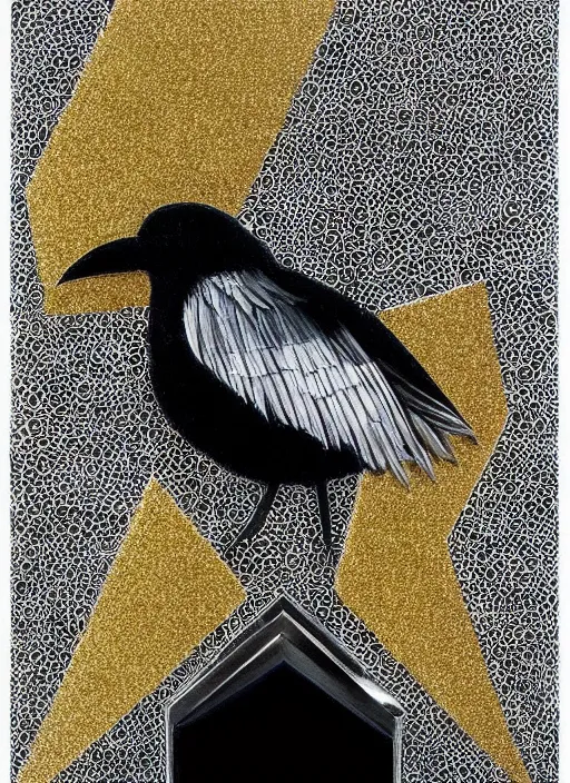 Image similar to black gold silver, crow portrait!!!!!, symmetrical, award - winning painting, abstract, gold and silver shapes, rectangles, geometry, elegant, luxurious, beautiful, pitch black background