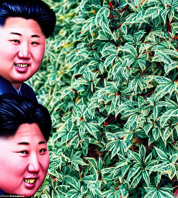 Image similar to colour araki nobuyoshi style close - up photography of detailed north korean kim chen with detailed smiling face, smelling detailed weed bush