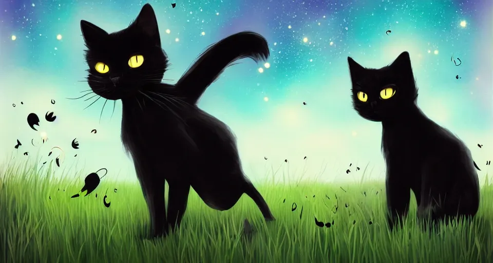 Prompt: black cat walking around in an open field at night with fireflies in the air and lots of stars in the sky, digital art, magical, trending on artstation