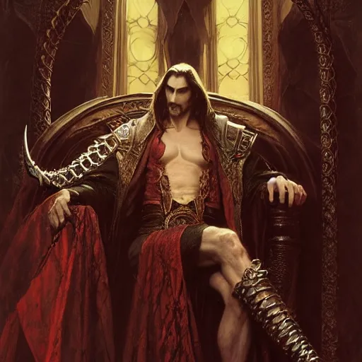 Image similar to perfectly centered portrait of attractive vampire king in a robe sitting on a throne of bones, highly detailed painting by gaston bussiere, craig mullins, j. c. leyendecker, 8 k