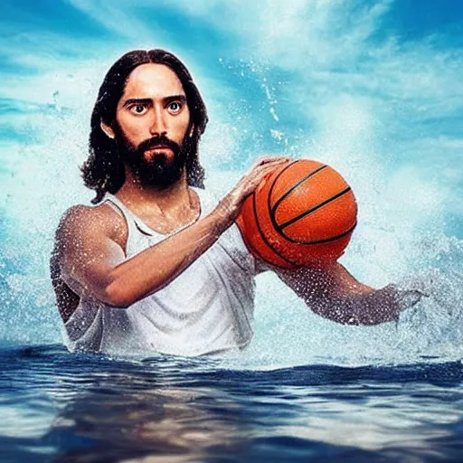 Image similar to A photo of jesus playing basketball while running on water