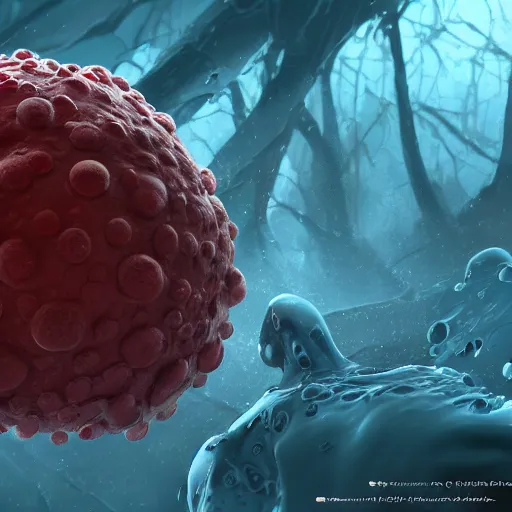 Image similar to a human leukocyte phagocytosing red blood cells, highly detailed, digital painting, artstation, concept art, movie still, smooth, sharp focus uhd 8