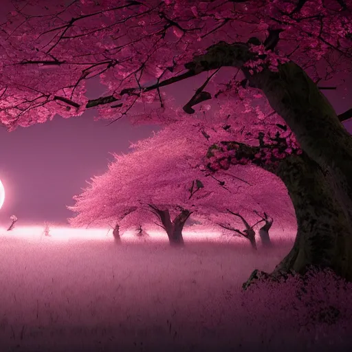 Image similar to A beautiful japanese landscape with sakura trees, apocalyptic style, Simon Stålenhag, 4k, ultrarealistic, octane render, volumetric lighting