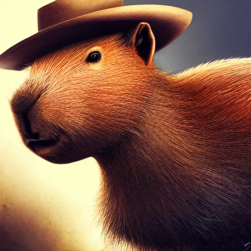 Prompt: a capybara dressed like a cowboy, digital painting, medium shot, warm lighting, lively, brash, rich, Photorealistic, Trending on ArtStation, Award-Winning Art, sharp, Unreal Engine