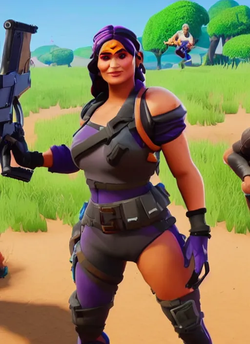 Image similar to game still of Salma Hayek as a Fortnite skin in Fortnite.