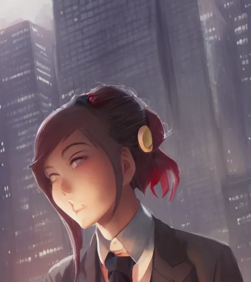 Image similar to a girl in a business, close up, sharp focus, red necktie, grey hair, city background, digital painting, by tran ross and jordan grimmer and greg rutkowski, anime art, artstation, hd, smooth,