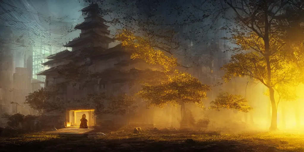 Prompt: A yellow baby rabbit, cyberpunk temple, sunset with falling leaves, Tyndall rays, low angle, light through the mist, dramatic lighting, photorealistic, cinematic lighting, high detail, cinematic feel, high octane, 4K, Unreal Engine, digital render, intricate, ultra realistic, concept art