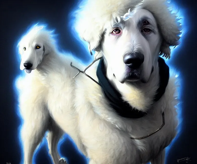 Image similar to beautiful fantasy character portrait of a maremma dog wearing a black hoodie, extra fluffy fur, ultra realistic, dramatic lighting, the fifth element artifacts, highly detailed by peter mohrbacher, hajime sorayama, wayne barlowe, boris vallejo, aaron horkey, gaston bussiere, craig mullins