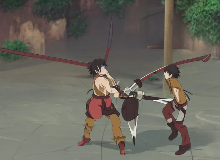 Image similar to two donuts fighting with swords, fight scene, anime, Makoto Shinkai