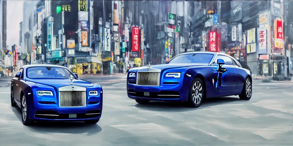 Image similar to a film still of a rolls royce wraith driving in the city of tokyo, oil painting, futuristic