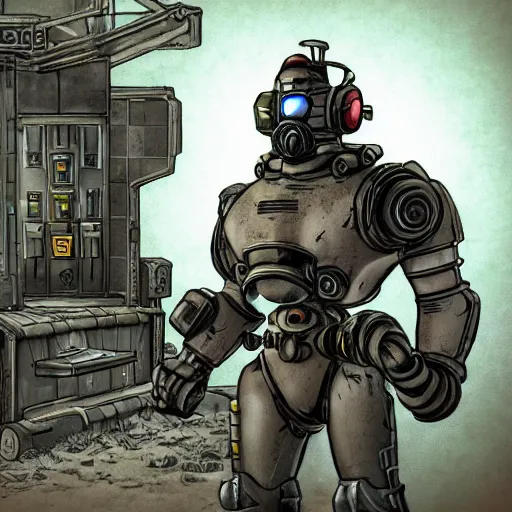 Image similar to fallout enclave fighter in power armor with a minigun in his hands stands next to the entrance to the shelter from fallout, fallout 2 stylization, isometric, post - apocalyptic,