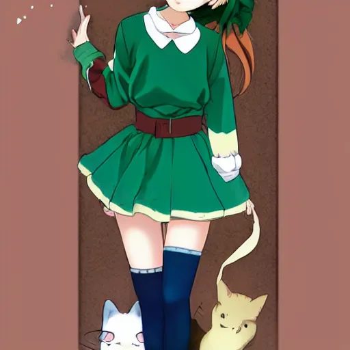 Prompt: anime girl with neko ears, long brown hair, green sweater, blue skirt, white pantyhose