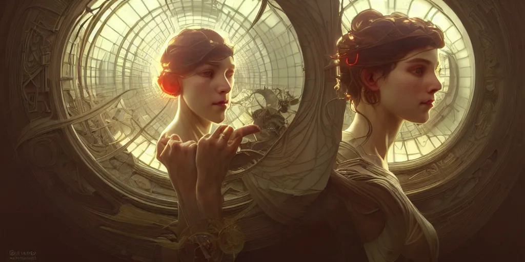 Image similar to orthogonal view of a time - traveler, folding - space, ultra - realistic, concept art, intricate details, eerie!, highly detailed, photorealistic, octane render, 8 k, unreal engine. art by artgerm and greg rutkowski and alphonse mucha