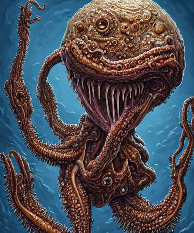 Prompt: hziulquoigmnzhah, large mouth with teeth, head dangling underneath body!!!!, spherical body, elongated arms, short legs, lovecraftian horror!, surrealism, fantasy, intricate, elegant, highly detailed, digital painting, artstation, concept art, matte, sharp focus, illustration, art by keith thompson and christopher lane