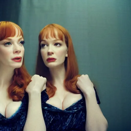 Image similar to a very surprised beautiful Christina Hendricks and her twin sister in the living room, film still from the movie directed by Denis Villeneuve with art direction by Salvador Dalí, wide lens