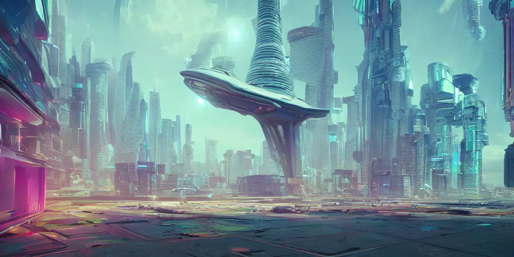 Prompt: A vibrant futuristic city with a spaceship hovering above it, utopia, science fiction, 3d render, volumetric lighting, extremely detailed, unreal engine, 8k UHD, HDR, in the style of Mike Winkelmann, Beeple, trending on artstation