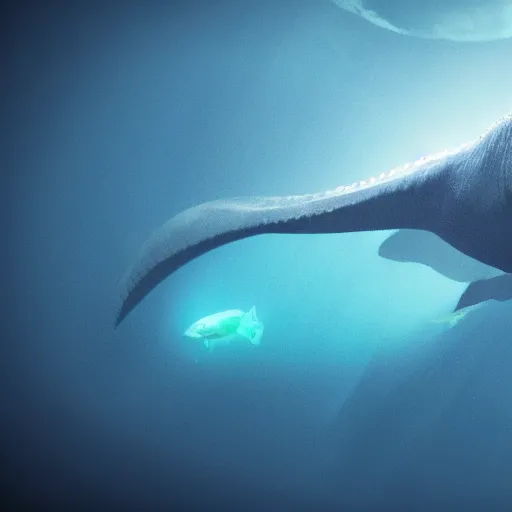 Prompt: blue whale being eaten by a cyclops underwater blue glow seaweed tiny fish wide angle unreal engine