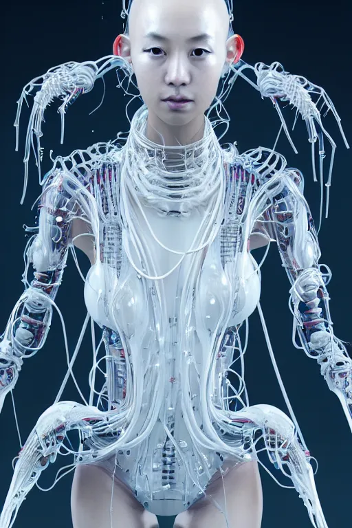 Image similar to beautiful young asian woman, iris van herpen, perfect symmetrical body, full body shot, inflateble shapes, wires, tubes, veins, jellyfish, white biomechanical details, wearing epic bionic cyborg implants, masterpiece, intricate, biopunk, vogue, highly detailed, artstation, concept art, cyberpunk, octane render