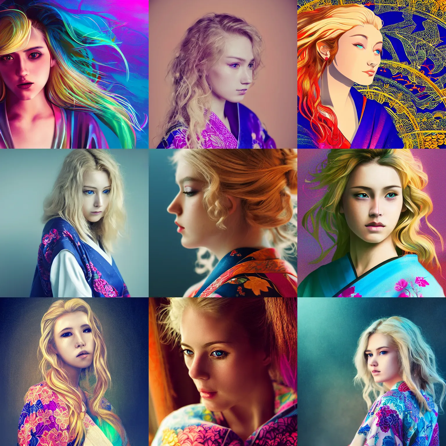 Prompt: stunning, breathtaking, awe - inspiring award - winning concept art portrait of an attractive young white woman with wavy blonde hair, wearing a colorful yukata, extremely moody lighting, intricate, 8 k