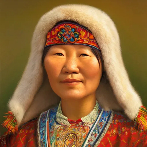 Image similar to portrait of an yakut woman ( 3 5 ) from yakutia, russia in 2 0 2 1, an oil painting by ross tran and thomas kincade