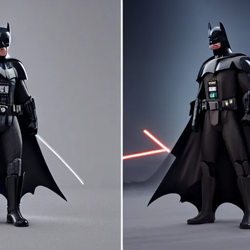 Prompt: batman and darth vader stand side by side, highly detailed, photo realistic. cinematic lighting. atmospheric. concept art. octane render,