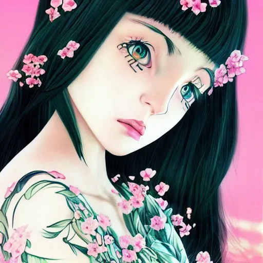 Prompt: tattooed little girl with flowers in hair wearing an white dress. art by ilya kuvshinov, profile picture, inspired in hirohiko araki, highly detailed, 8 0 s anime art style, realistic, vogue cover