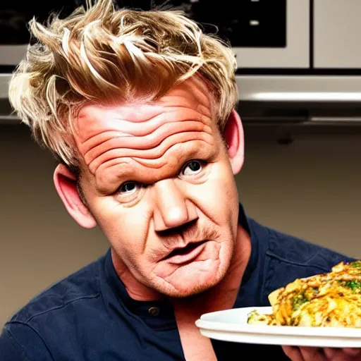 Image similar to gordon ramsay eating the food from trash bin caught on camera