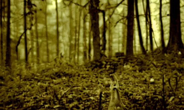 Prompt: creature far away looking at camera in forest at night, colorized 70s photo, out of focus, motion blur, cctv footage, horror movie, horror lighting, blair witch project, old photo