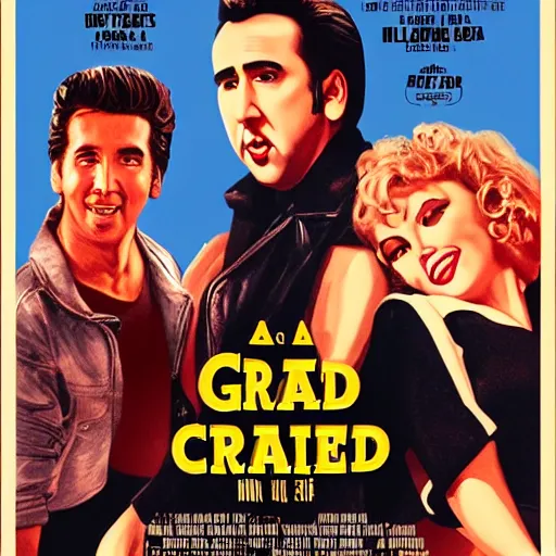 Image similar to a film poster of grease with Nicolas cage, realism, film grain