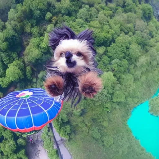 Image similar to a hairy dog attached to a large open balloon parachute jumping from a mountain cliff. captured by a drone. wide camera. epic