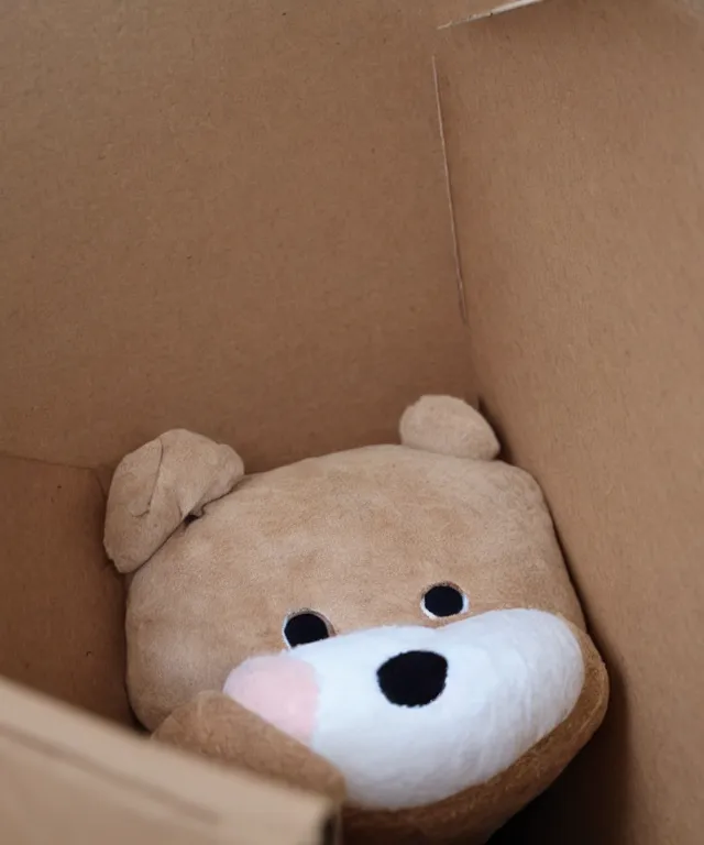 Image similar to a plushie in a cardboard box