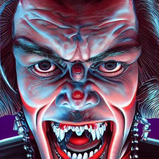 Image similar to portrait closeup of crazy screaming cyber post malone with red robotic eyes, symmetrical, by yoichi hatakenaka, masamune shirow, josan gonzales and dan mumford, ayami kojima, takato yamamoto, barclay shaw, karol bak, yukito kishiro