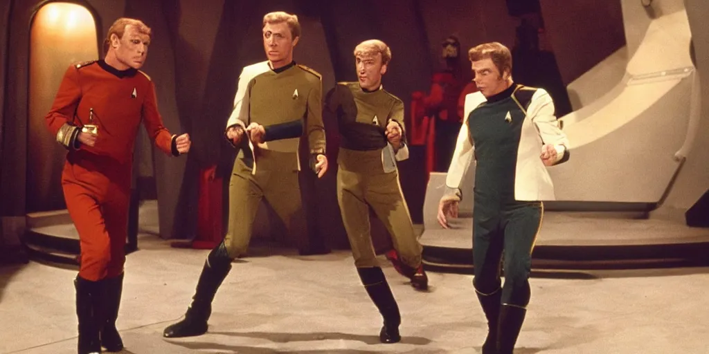 Image similar to Doctor Who in the role of Captain Kirk in a scene from Star Trek the original series