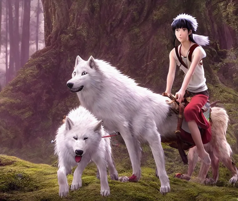 Image similar to Promotional photo of the live-action remake of the 1997 Studio Ghibli film Princess Mononoke. We see San riding her beautiful giant white wolf.