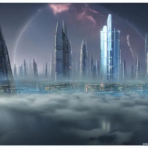 Image similar to utopian futuristic city floating in the clouds