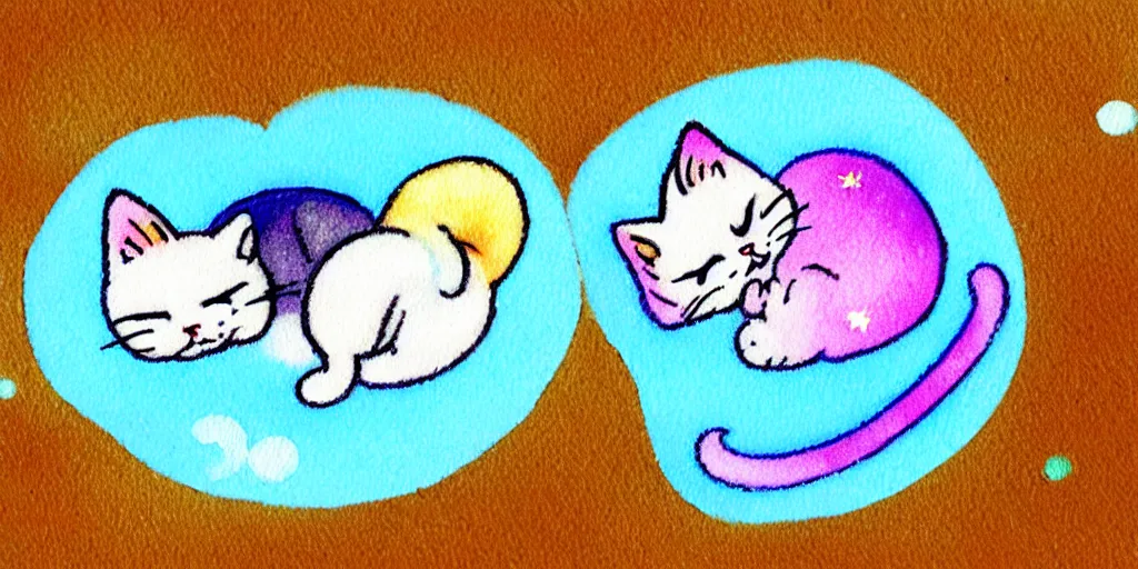 Image similar to a tiny cute kitten sleeping, puffy sticker, glitter sticker, kawaii by studio ghibli, by lisa frank 8 k pastel colours, isometric, smeared watercolours,