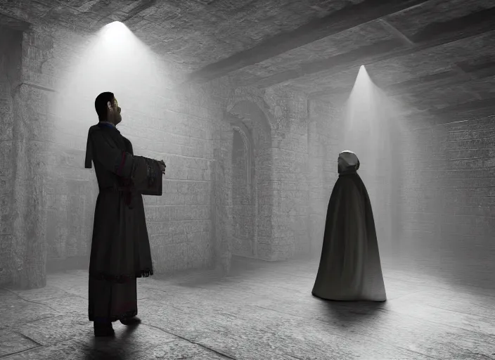 Image similar to a highly realistic and detailed full Priest standing in a dark dirty basement holding a rosary, wide angle 70mm lens, volumetric haze, front facing camera, symmetrical, photorealistic, insanely detailed and intricate, epic, hyper realistic, elegant, ornate, elite, horror, creepy, ominous, haunting, cinematic lighting, unreal engine, cinematic centered camera, high detail, no blur, unreal engine 8k