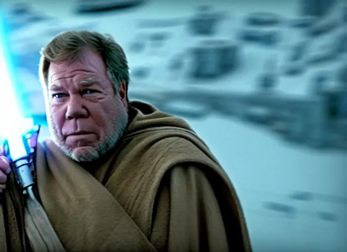 Image similar to william shatner as luke skywalker, bearded and wearing a robe, in star wars : the force awakens ( 2 0 1 5 ). movie still