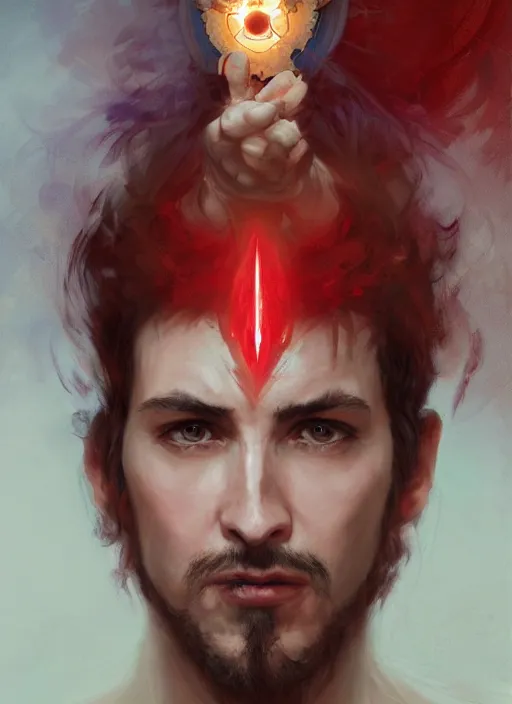 Prompt: character concept portrait of an attractive young angry Spanish wizard with red skin conjuring a portal spell, a floating iridescent spell book in the center, intricate, elegant, digital painting, concept art, smooth, sharp focus, illustration, from Metal Gear, by Ruan Jia and Mandy Jurgens and William-Adolphe Bouguereau, Artgerm