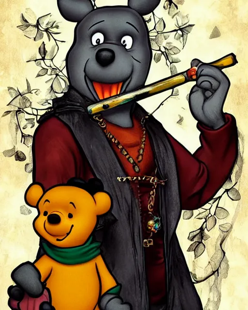 Prompt: Gothic Winnie the Pooh killer with pistol and jade jewelry painted on tarot card, digital art, high detailed, trending on artstation