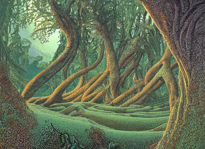 Prompt: highly detailed image by moebius and roger dean of the forest of mœbdean, digital art