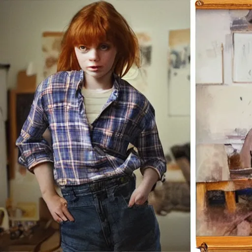 Prompt: extraordinary portrait : 4 0 - year - old sadie sink in a checked shirt, modern hairstyle. in her art studio. 1 9 9 0 s. precise detail. art by anders zorn, wonderful masterpiece by greg rutkowski, beautiful cinematic light, american romanticism by greg manchess, jessica rossier