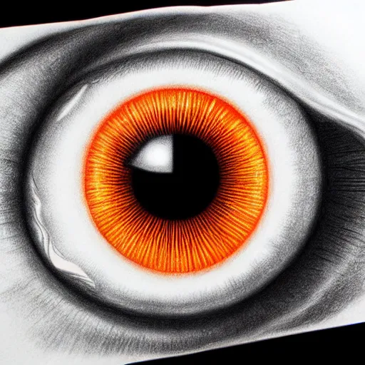 Image similar to hyper realistic pencil drawing of the human eye in the shape of snail shell, space background, unlimited detail, colored, space, dragon, intricate, detail, phoenix, orange