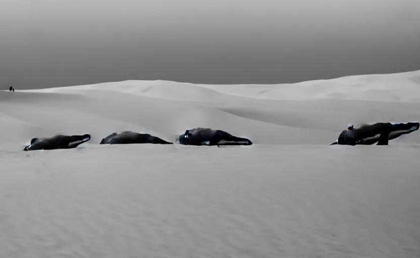 Image similar to standing whales in sand dunes, photography