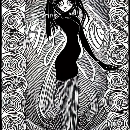 Image similar to intricate lineart drawing of a girl in black dresss standing in the abyss, black ink, manga style, with evil eyes and distorted hands in the background, featured on pixiv, sharp lines, high resolution