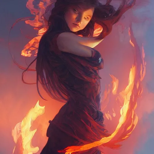 Image similar to fire shaped like a human, highly detailed, digital painting, artstation, concept art, wallpaper, smooth, sharp focus, illustration, art by artgerm and greg rutkowski and alphonse mucha